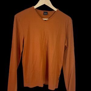 BOSS Hugo Boss Rust Ribbed Long Sleeve‎ Cotton Fitted Pullover V Neck Top…